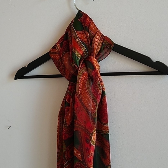 Chiffon & Satin Scarf Paisley Green Red Golds Sheer Light Lovely Classic - Picture 5 of 6